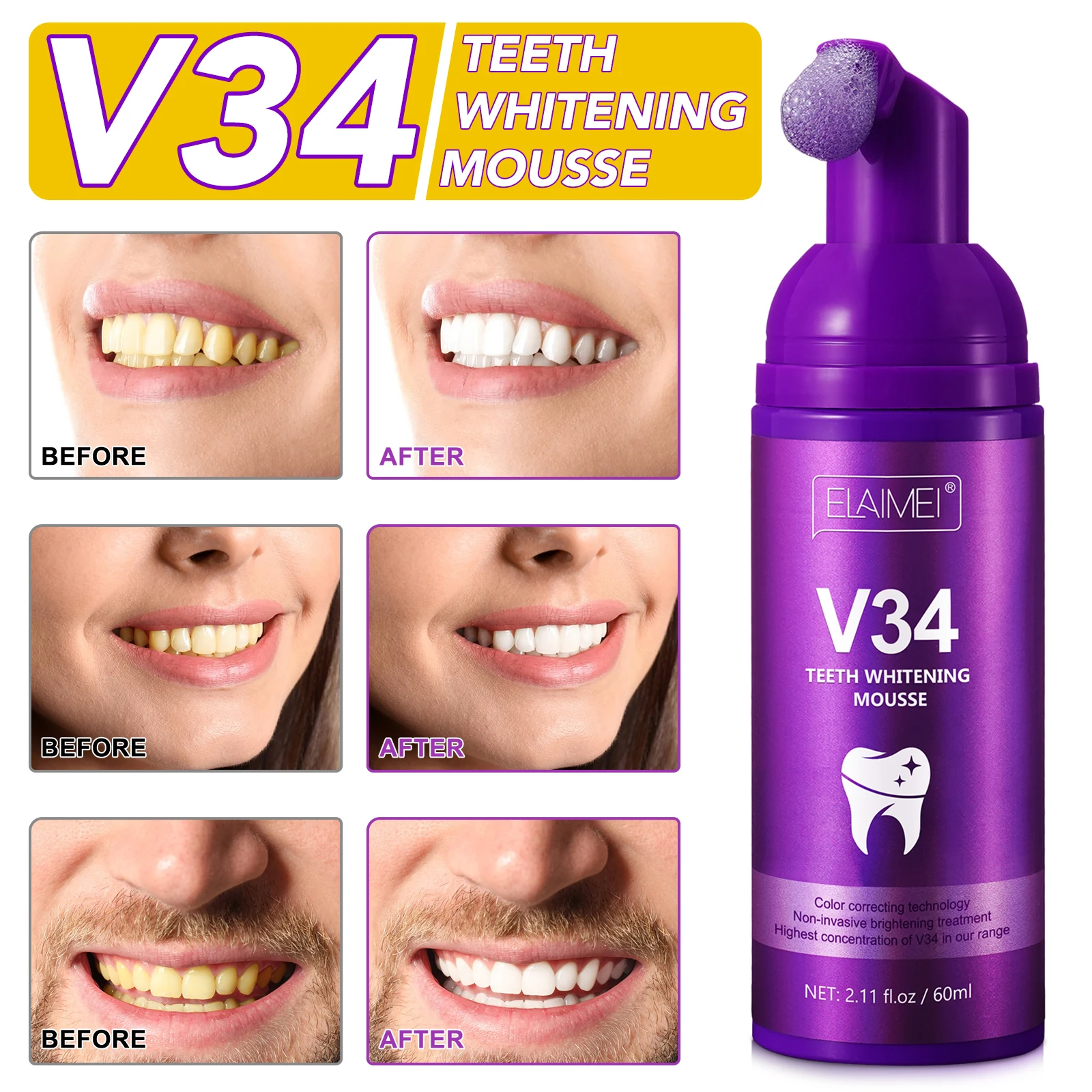 ELAIMEI 60ml Oral Hygiene Remove Stains Toothpaste Foam Color Corrector V34 Teeth Whitening Mousse for Daily Dental Care