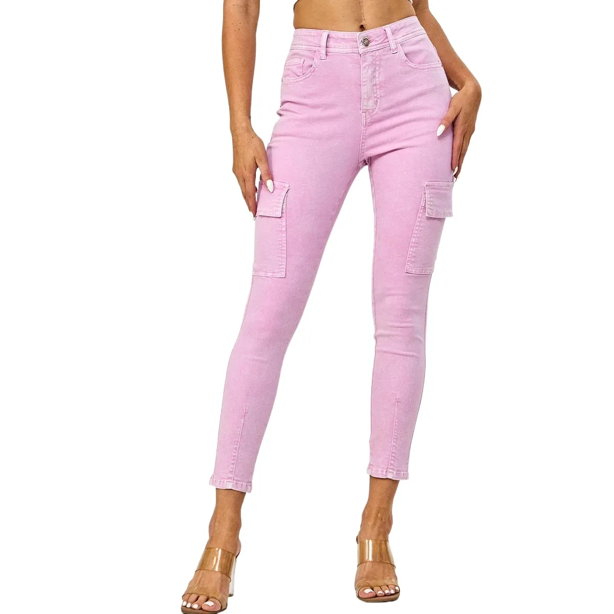 Wholesale Women Denim Fabric Slim Cargo Pants High Quality Ladies High Waist Design Pink Skinny Jeans