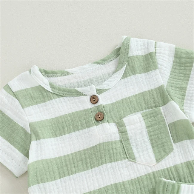 1Pcs Custom Logo RTS Summer Newborn Infant Toddler Boys Girls Clothing Cotton Striped Tee Shorts Pocket Baby Clothes Set