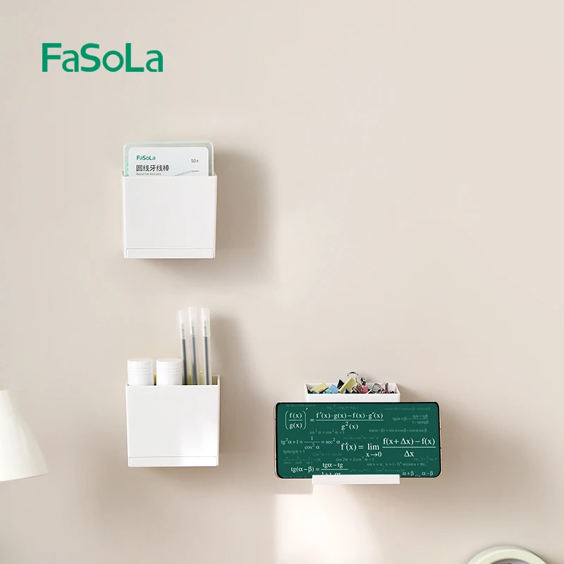 FaSoLa Self Adhesive Wall Mount Storage Box Organizer Mobile Phone Holder Plastic No Drilling White Hanging Storage Containers