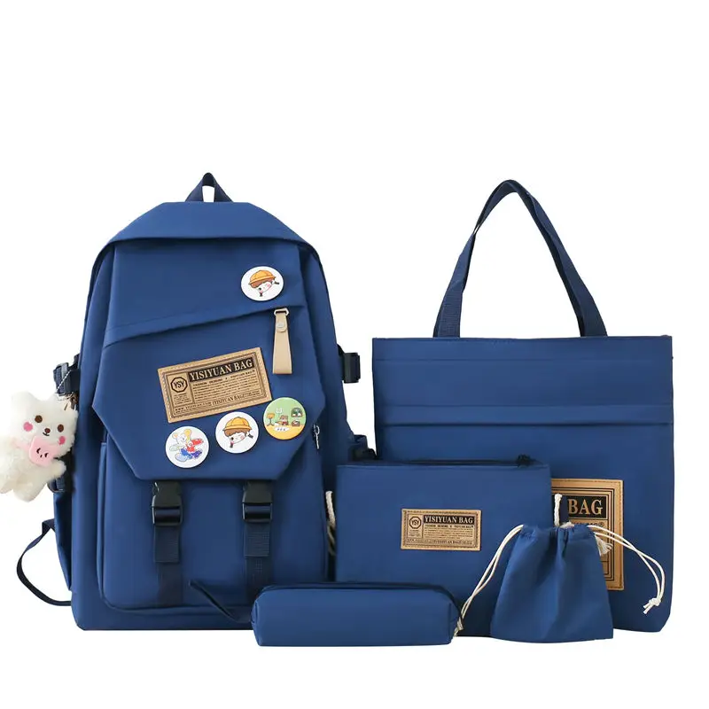 ODM New Arrival 5 In 1 Fashion Canvas College Student School Laptop Book Bag With Lunch Cooler Bag Pencil Cases Purse