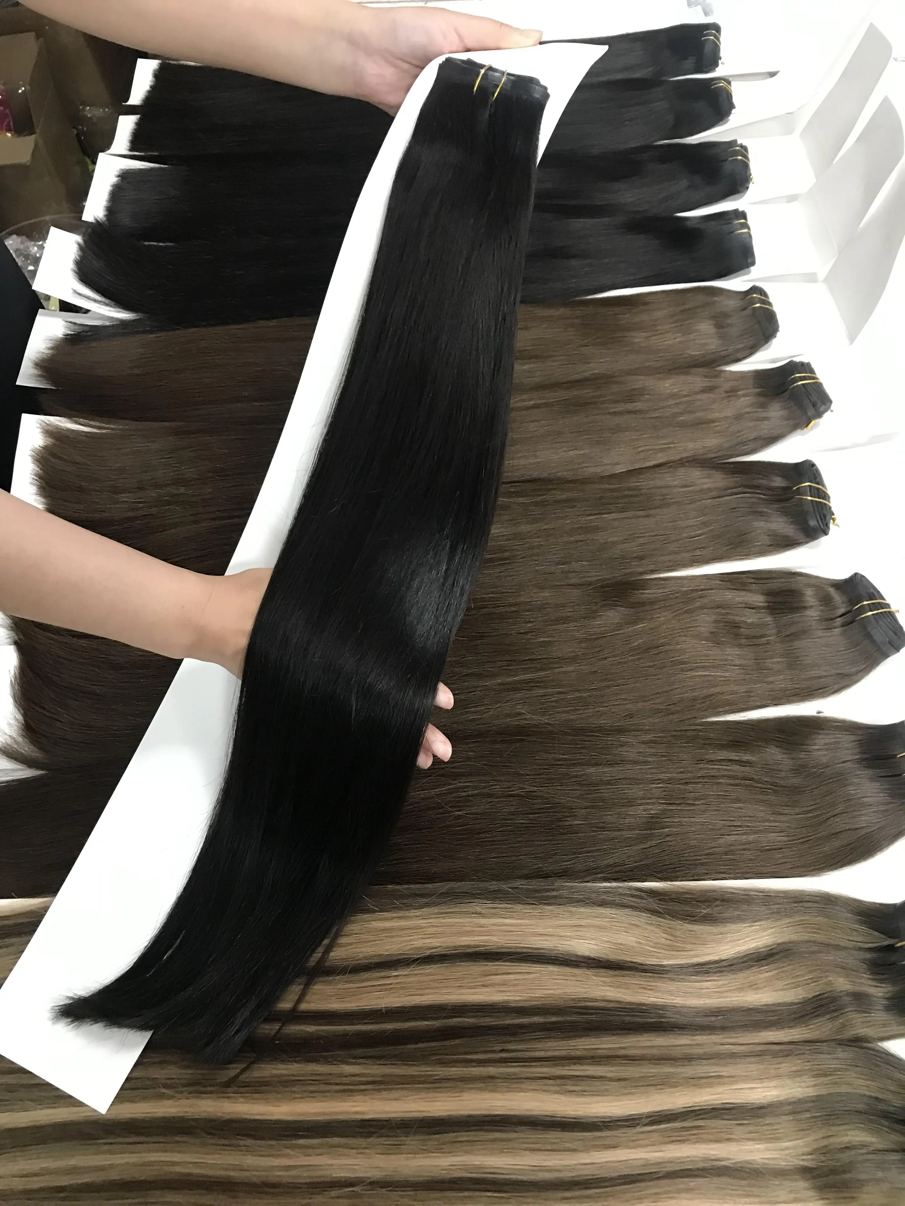Premium Russian Slavic Remy Virgin Cuticle Intact Double Drawn Hair Extensions 12A PU Clip-In Invisible Seamless Clip Indian