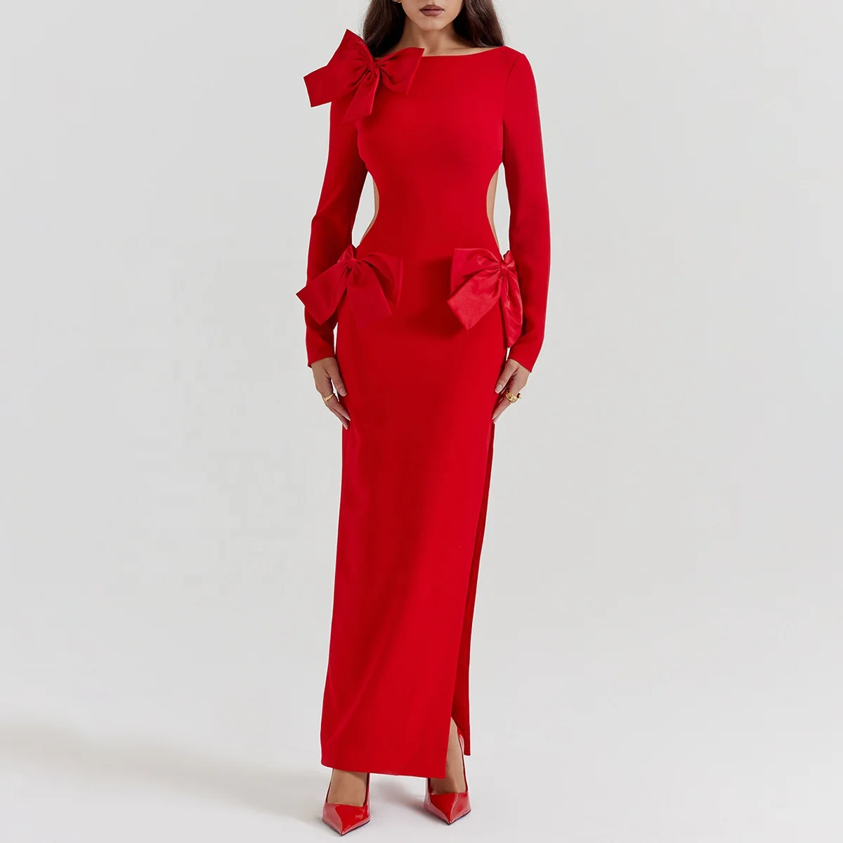 Vibrant Red Bow Maxi Dress Eye-Catching Formal Attire Red Carpet Ready Elegant Fashion Statement Custom Evening Dresses