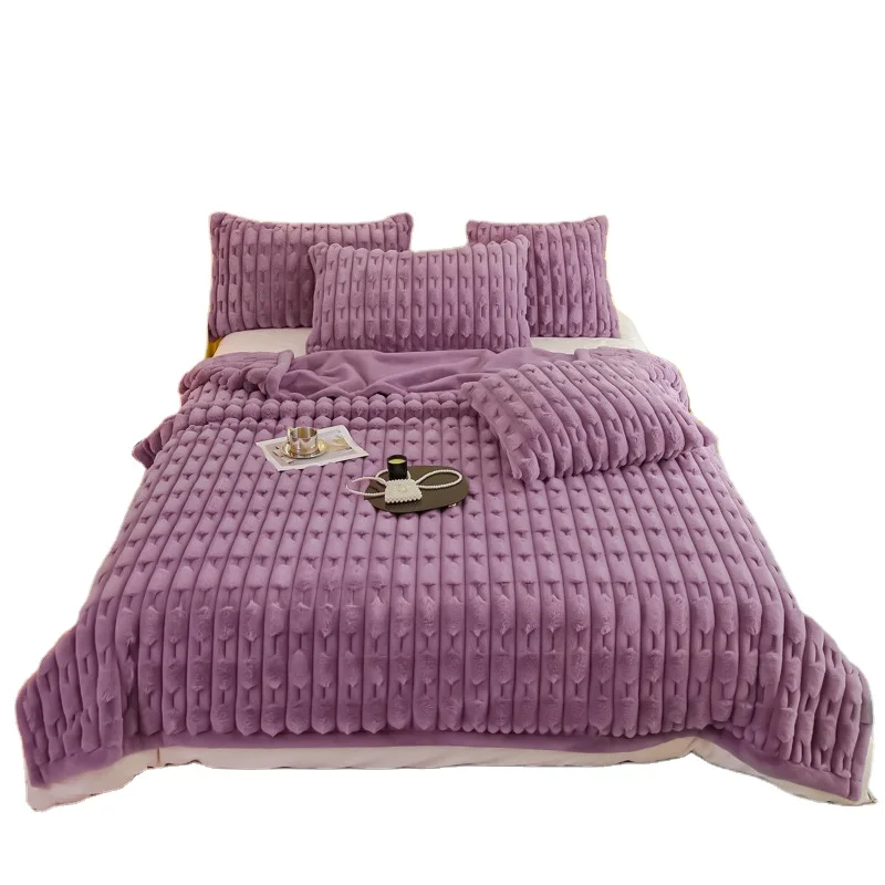 Luxury double layer cutting violet faux rabbit fur throw blanket with special pangolin stripes
