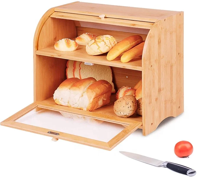 2 Layer 100%  Food Storage Bin with Clear Front Window Bread Holder Bamboo Bread Box