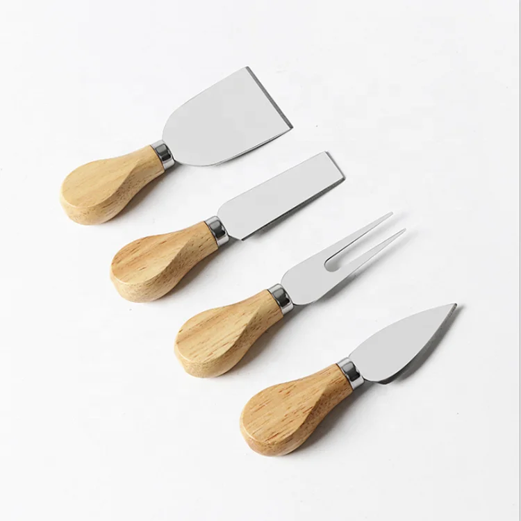 4 Pieces Stainless Steel & Rubber Wood Handle Cutting Tool Set Butter Spatula Slicer Fork Cheese Knives