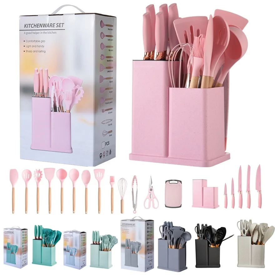 Multifunctional 19pcs Cookware Silicone Kitchen Utensils Set with wooden handle