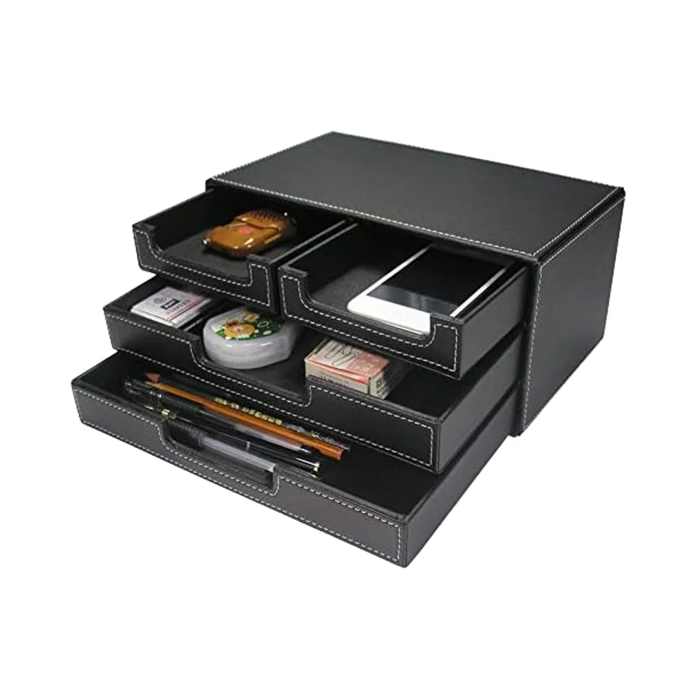 Small Desktop Stationery Storage Box Black PU Leather 4-Drawer Desk Organizer Standing Type Office Supplies Accessories Bills