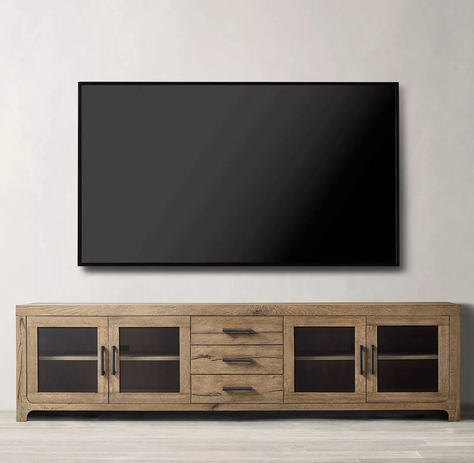 Modern American style living room wooden solid wood media console aged natural oak glass 4-door media console with drawer