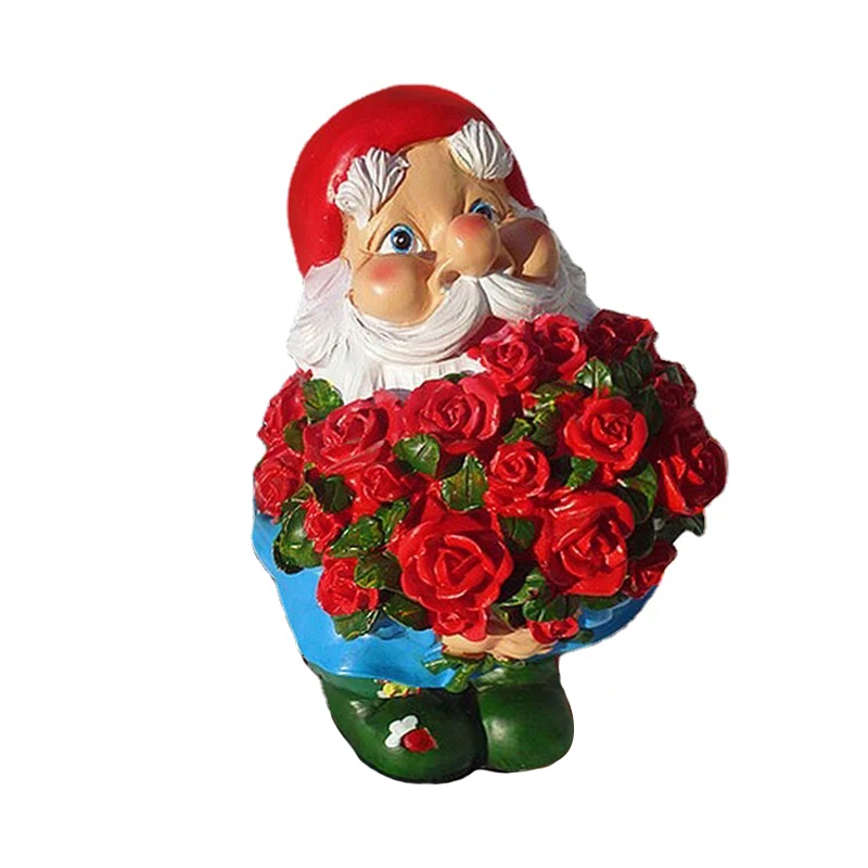 Garden Gnome with Rose Flower Outdoor Handmade Gnome Statue Hand Painted Gnome Decoration for Fairy Tale Home Decor