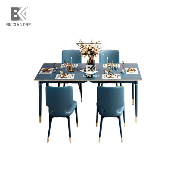 Scandinavian Dark Blue Marble Solid Wood Dining Tables Rectangle Sets and