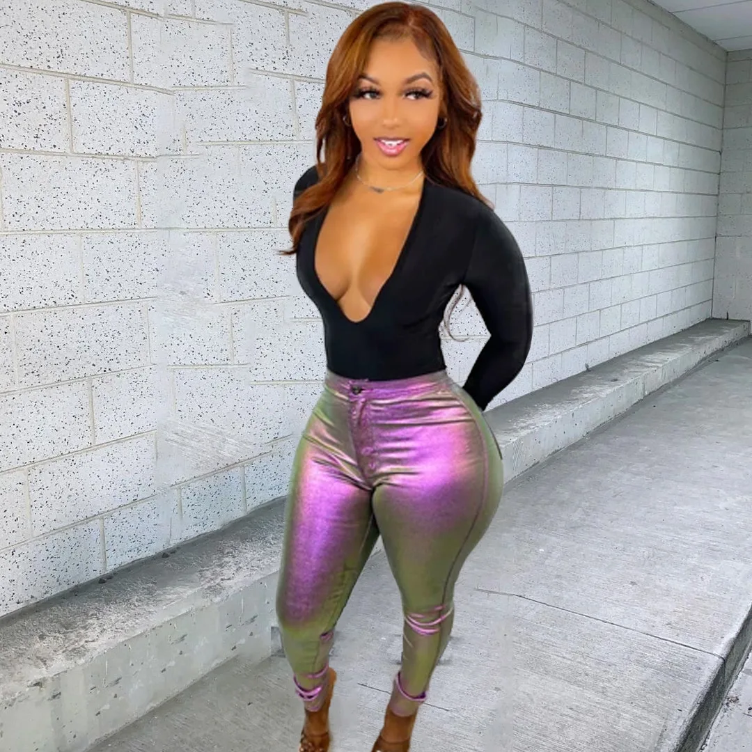 MT56-81098  2022 Women Midi Waist Gradient PU Bright Leather Tights Female Push Up Sexy Leggings Skinny Pencil Pants