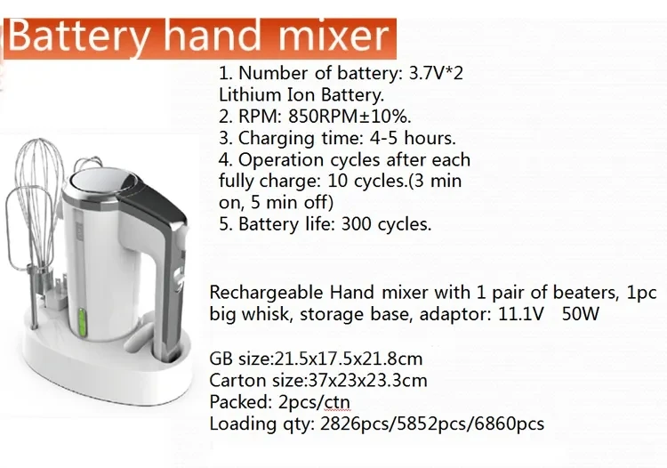 265311 50 Вт USB беспроводной Аккумуляторный Аккумулятор ручной миксер