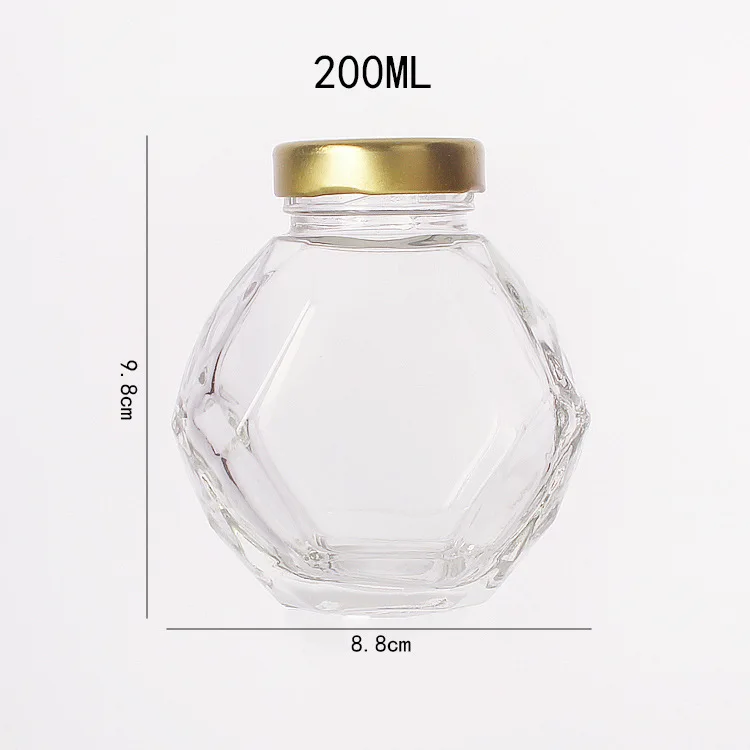 Luxury New Design 200ml  380ml Hexagonal Shape Empty Glass Honey Jar Food Storage Jar with Wooden Cap and Dipper