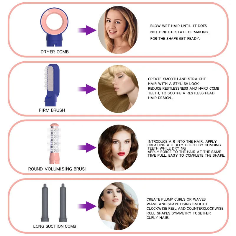 New 5 in 1 blower model multi functional hair hot air comb automatic curling iron hair dryer