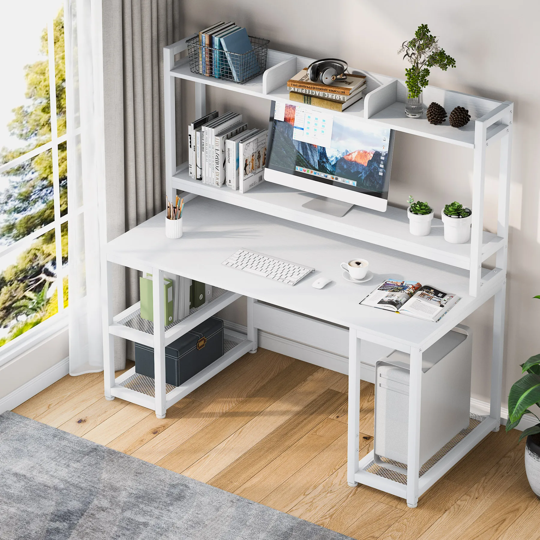 Tribesigns 55 Inches Studio Computer Desk with Monitor Stand Office Writing Desk PC Table Home Office Furniture