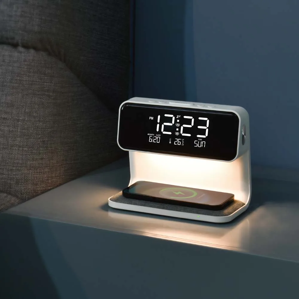 Smart Multi-functional Digital Alarm Clock For Bedside Wireless Charging Lamp With Alarm clock and snooze function