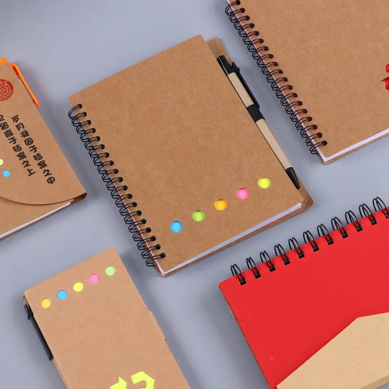 Kraft Cover Lined Spiral Notebook Steno Pads  with Bamboo Ballpoint Pen Page Marker Colored Index Tabs Small Pocket Notebooks