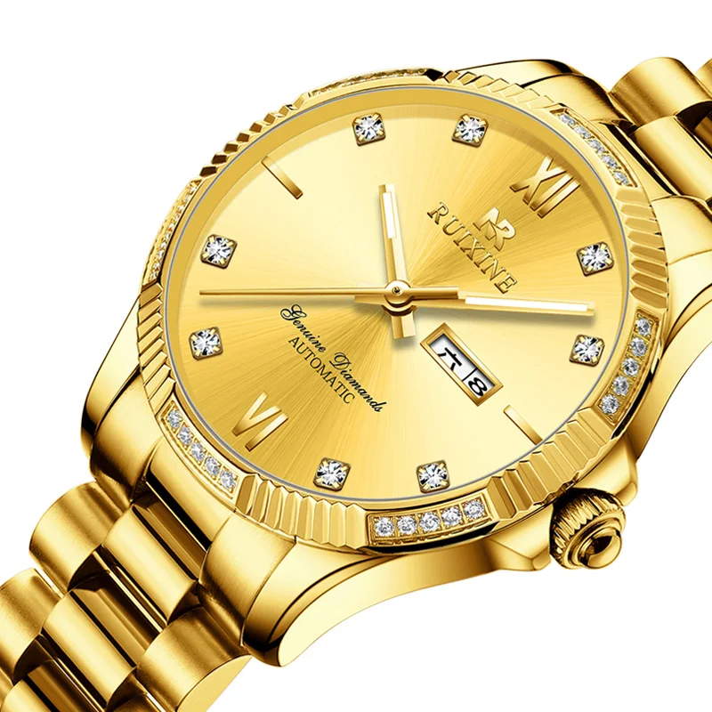 Full Diamond 14K 18K Gold Stainless Steel Mechanical Watch  R7123