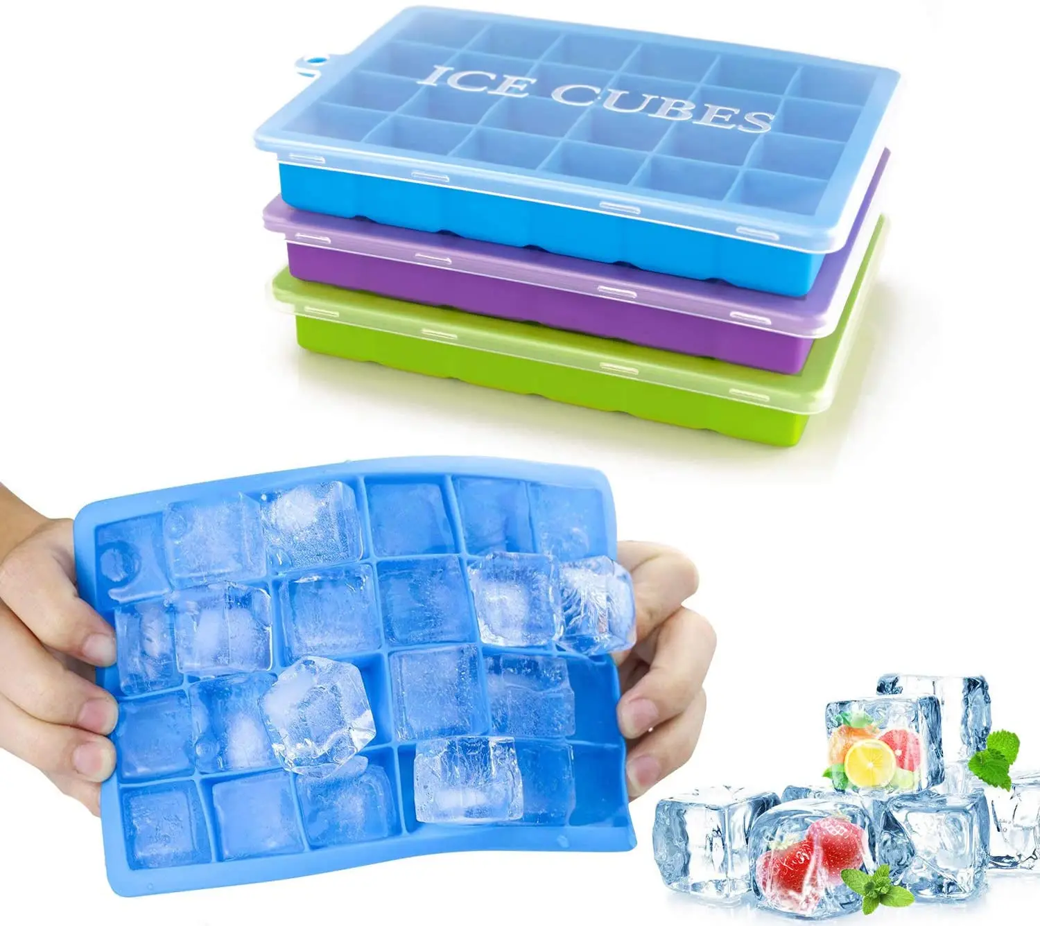 BPA Free 15 / 24 Cavities With Plastic Lid DIY Square Silicone Ice Cube Tray Easy Release Ice Mould Freezer Crushed Ice Trays