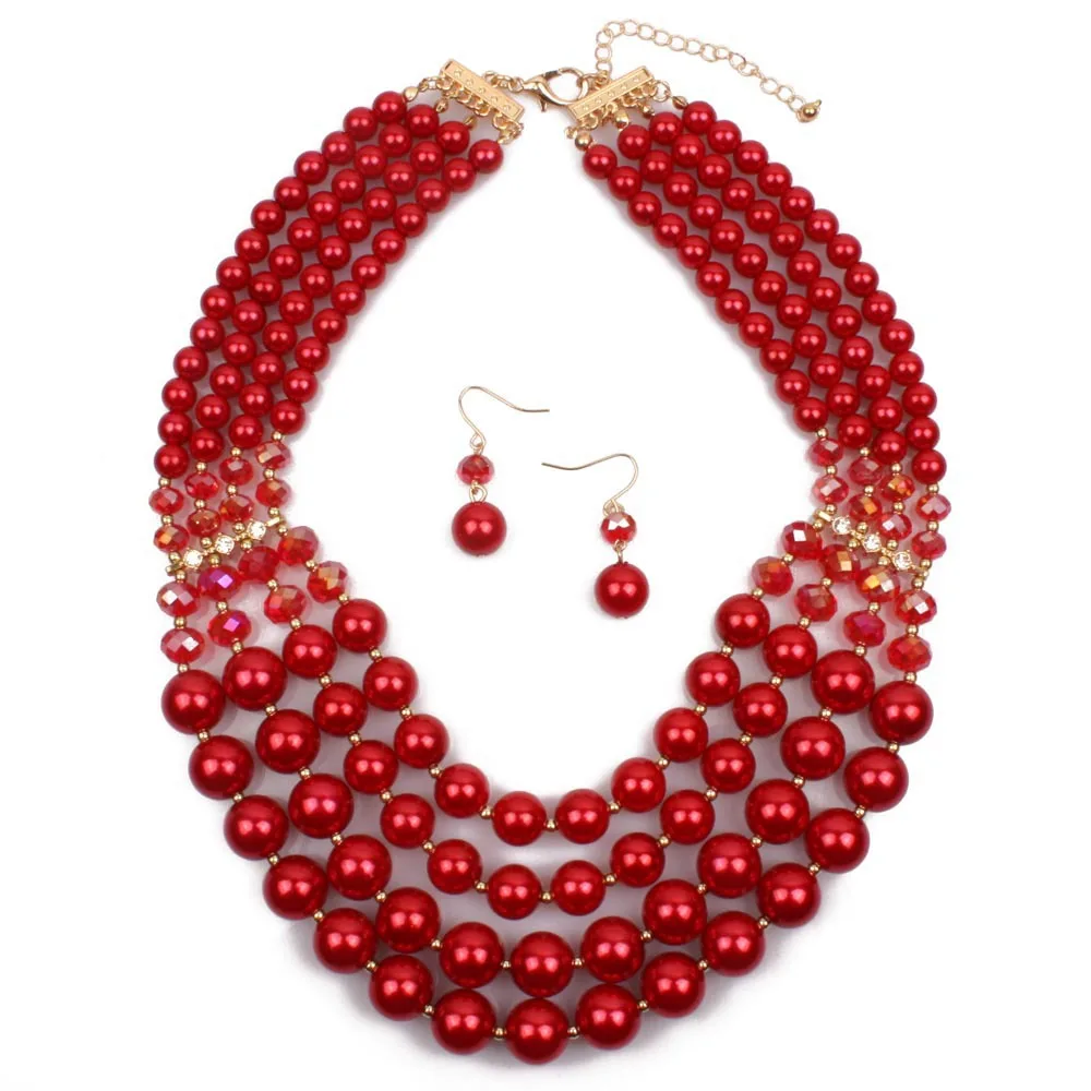  2021 High Quality Handmade Multilayer Faux Pearl Bead necklace and earrings Jewelry for