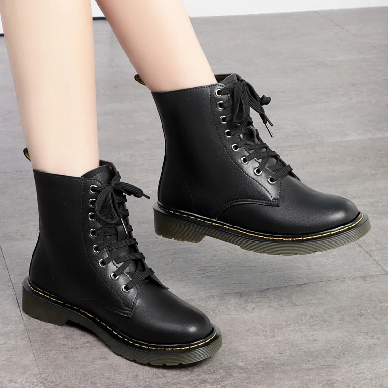 
Genuine Leather Large Size Ladies Motorcycle Boots Lace UP British Style dr Fashion Fur martin shoes women Booties for wholesale 
