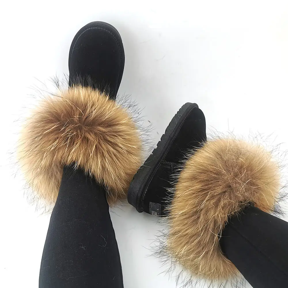 Real Fur Unisex Snow Boots Mens Warm Low Heel Black Leather Casual Ankle Boot Raccoon Fur Woman Boots For Autumn And Winter