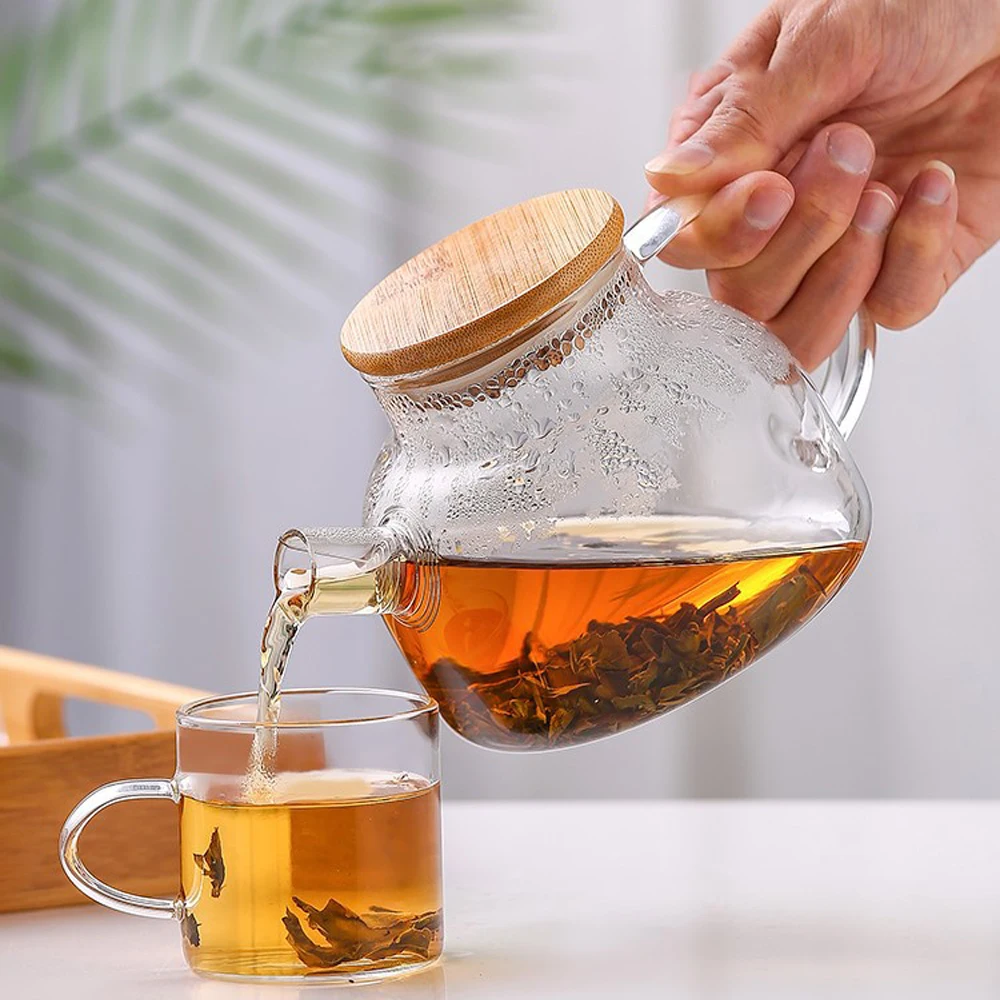 Large Capacity 1000ml  Handmade High Borosilicate Heat Resistant Clear Glass Teapot With Bamboo Lid With Glass Handle