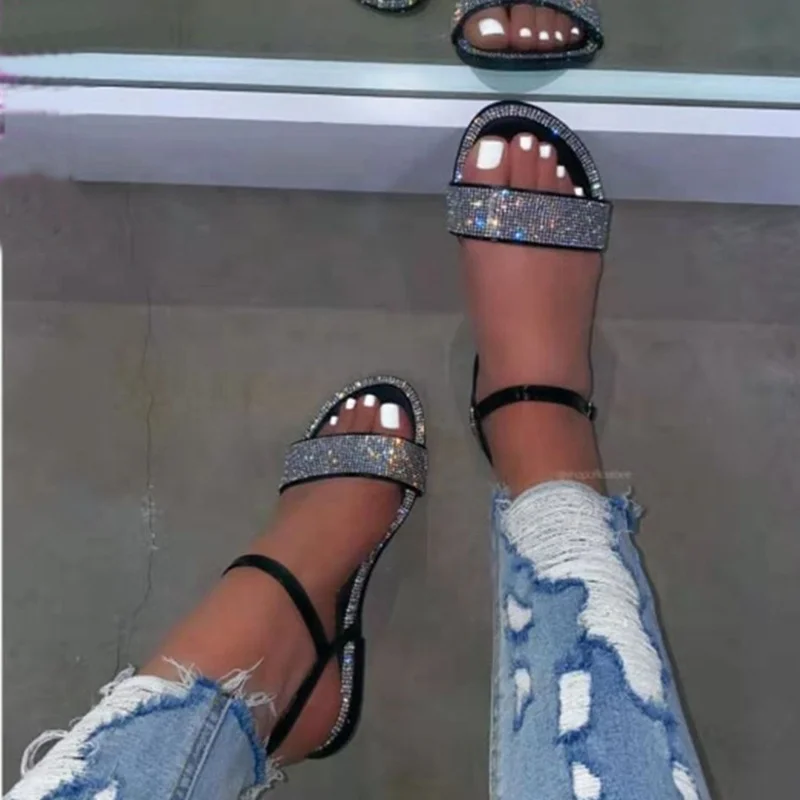 Fashion Beauty Rhinestone Pearls Shiny Diamond Women Slides Sandals Neon PVC Hot Pink Green Knit Flat Slippers Big Size Pumps