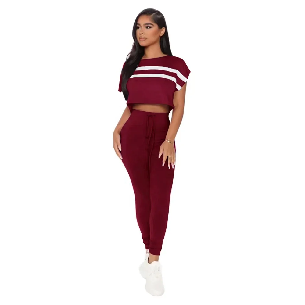 2024 New Arrival Short Sleeve Top And High Waist Trousers Set Women Clothes Print Crop Top 2 Piece Jogging Sportswear Outfit Set