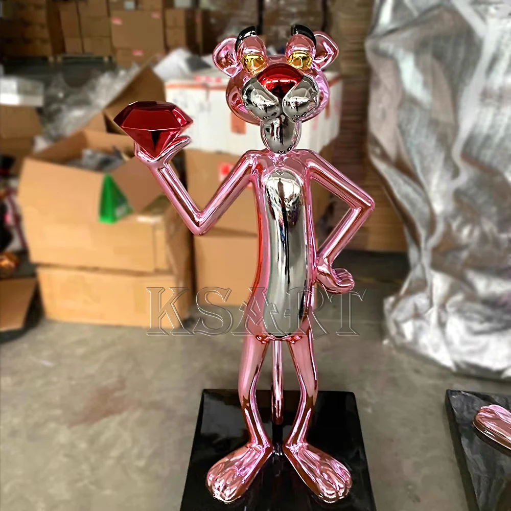 Pink leopard holding diamond fiberglass sculpture Hotel Gallery Exhibition Hall Cartoon Art Bar statue installation