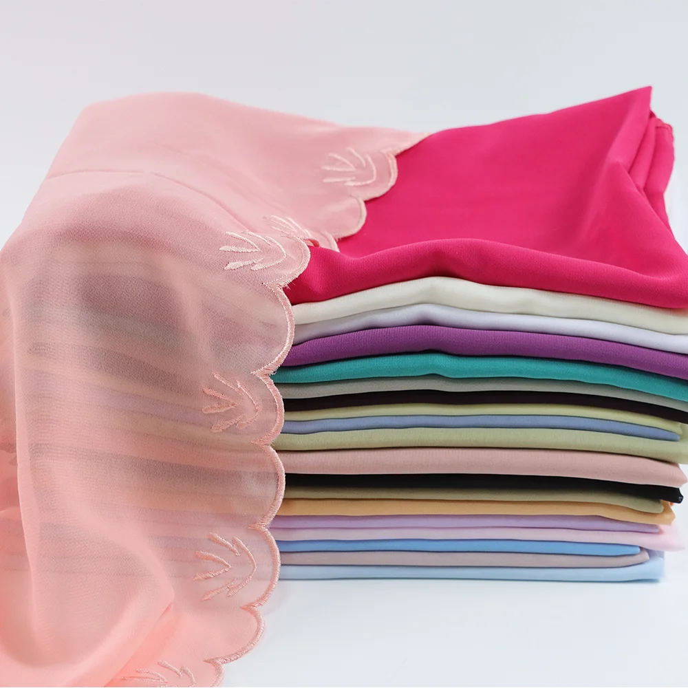 premium pearl chiffon embroidered hijab scarf Malaysia women sulam tudung muslim headscarf