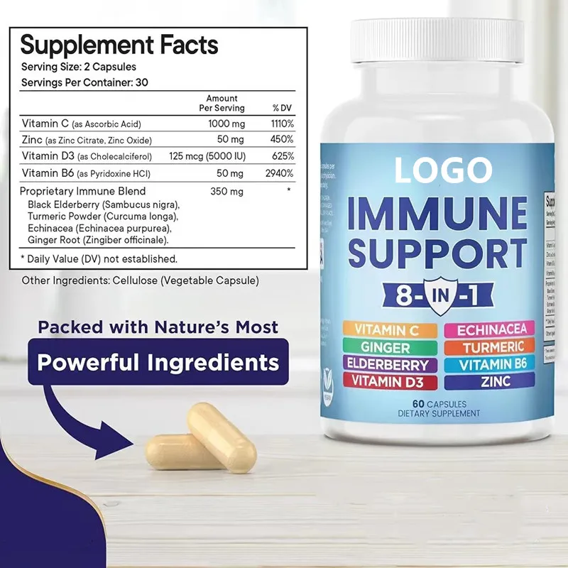 8 in 1 Immune Support Booster Supplement capsules Echinacea Vitamin C Zinc Vitamin D Turmeric Curcumin & Ginger B6, Elderberry
