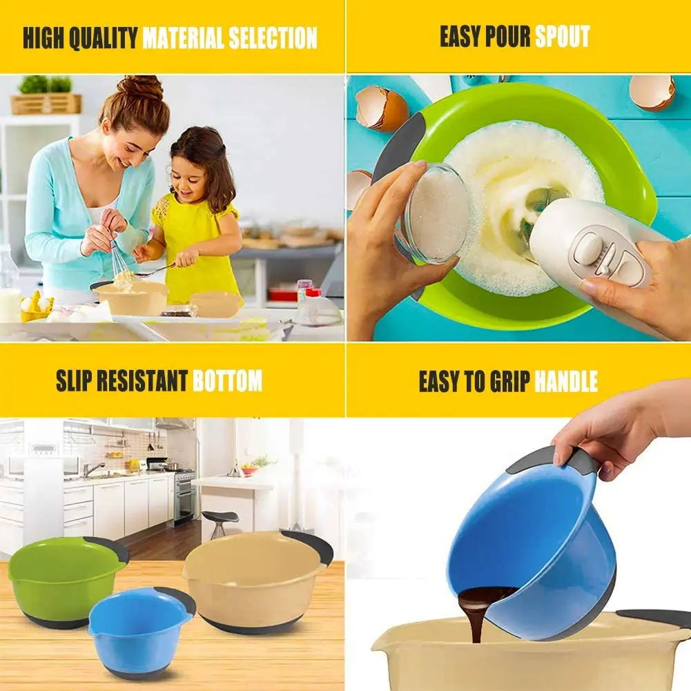
3 Pack Nesting Mixing Bowls Set with Rubber Grip Handles Easy Pour Spout 