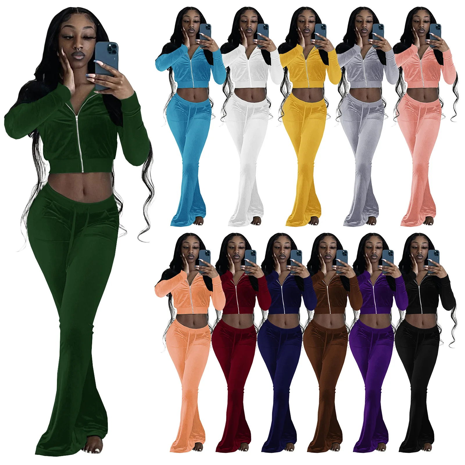  Wholesale 2 Piece Set Women Sportswear Velvet Sweatsuit Sets 2021 Autumn Fashion Two
