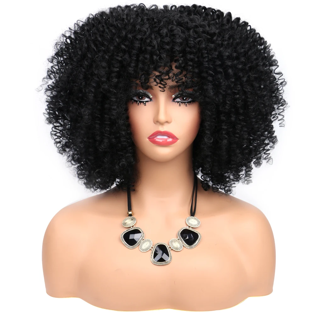 Wholesale Kinky Curly Hair Wig Afro Synthetic Full Lace Wigs 14 Inch Short Curly Afro Wig with Bangs for Black Women