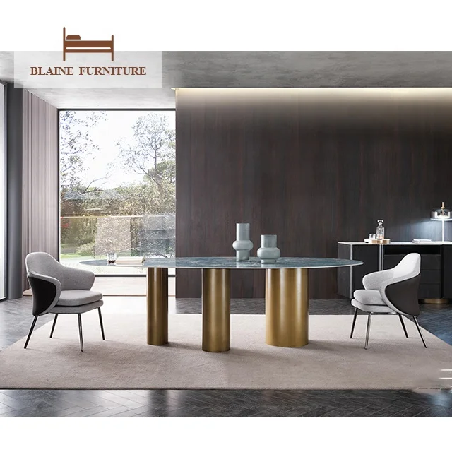 Italian Modern Oval Dining Table Set Esstisch Luxury Marble High End Factory Travertine Stone Marble Dining Table
