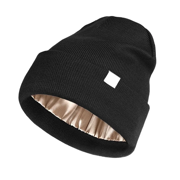 Satin Lined Knit Beanie Hat Custom Label Soft  Winter Hats Silk Lining Cuffed Beanie Hat