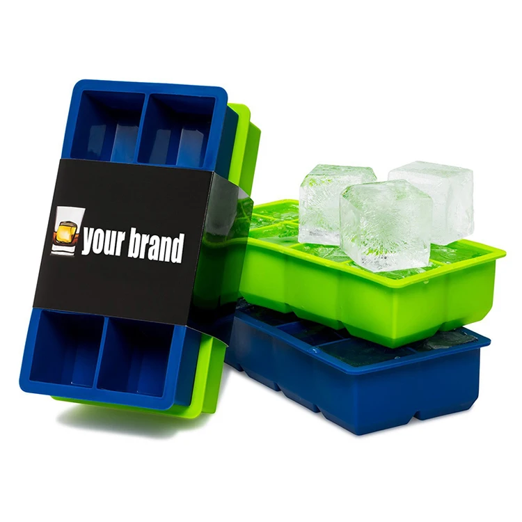 2 Pack Big 2 Inch Ice Cubes BPA Free Silicone Ice Cube Tray Molds 8 Cavity Square Ice Cube Maker for Freezer Cocktail Whiskey