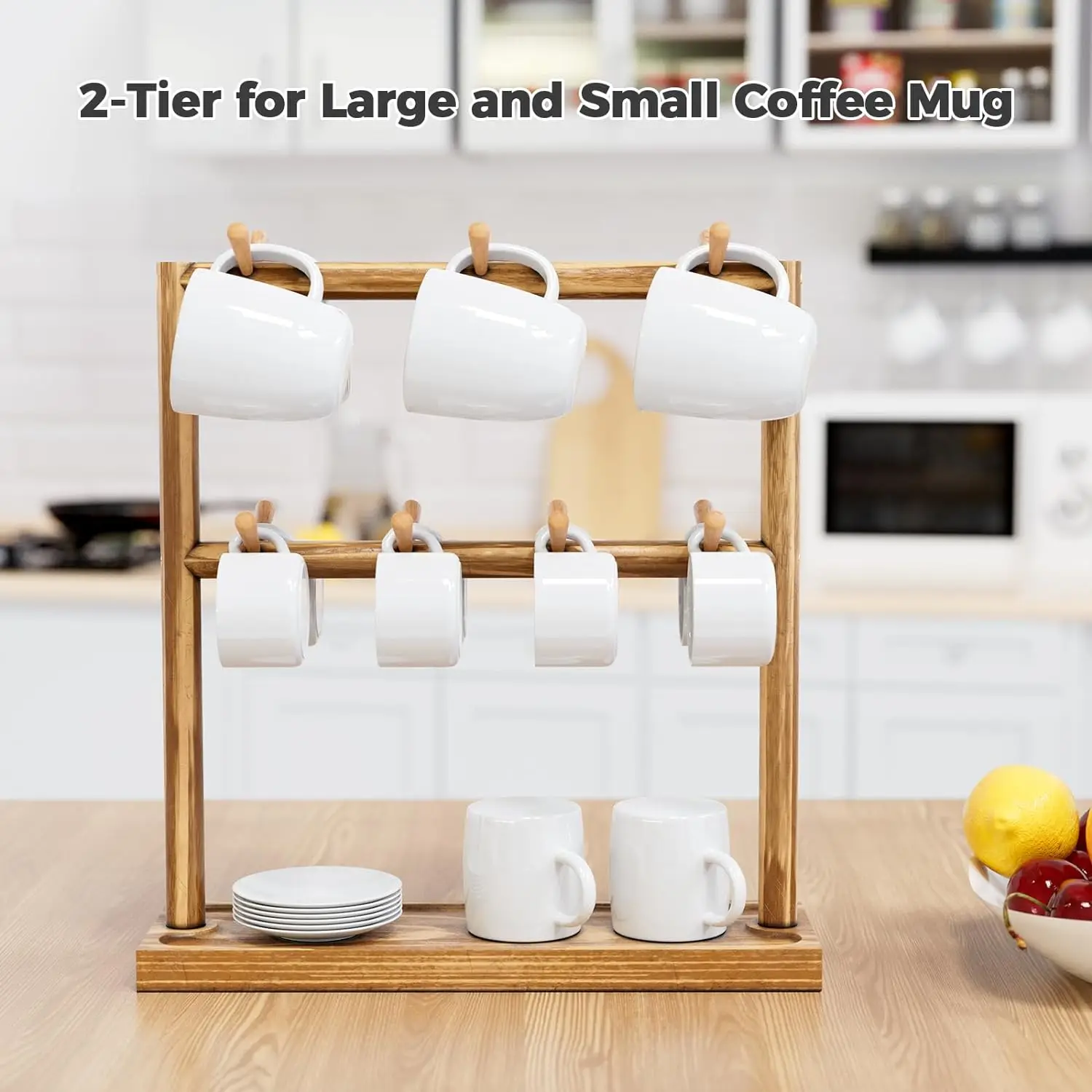 Mug Holder Coffee Cup Shelf for Counter, 2 Tier Wood Mug Tree Stand Organizer with 14 Sturdy Hooks and Storage Base,