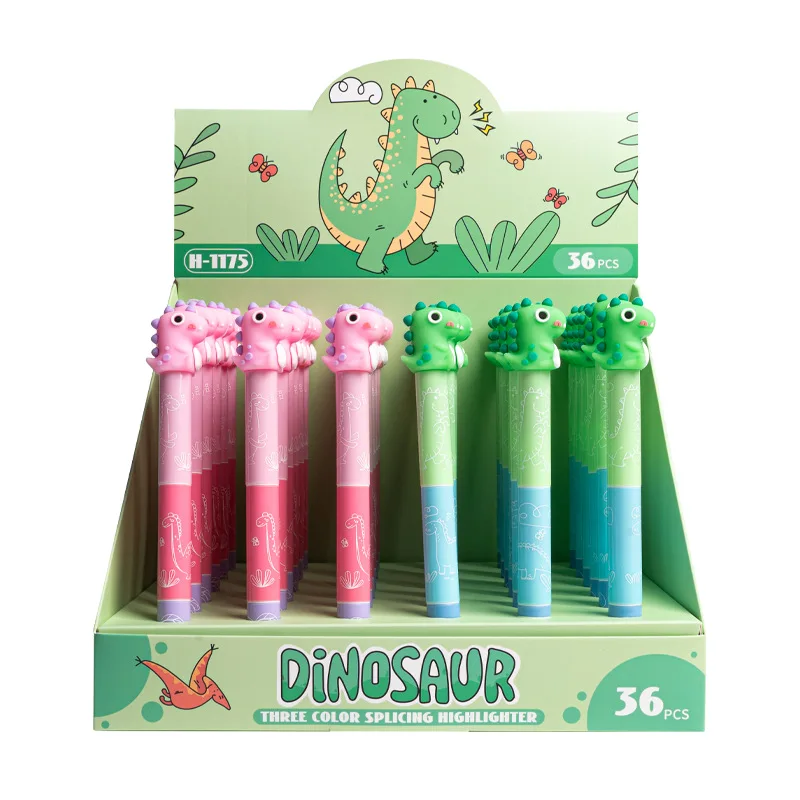 Creative Dinosaur Design School Student Highlighter Kawaii Kids Mini Plastic Liquid Marker Pens Stationery 3 Color in One Pen