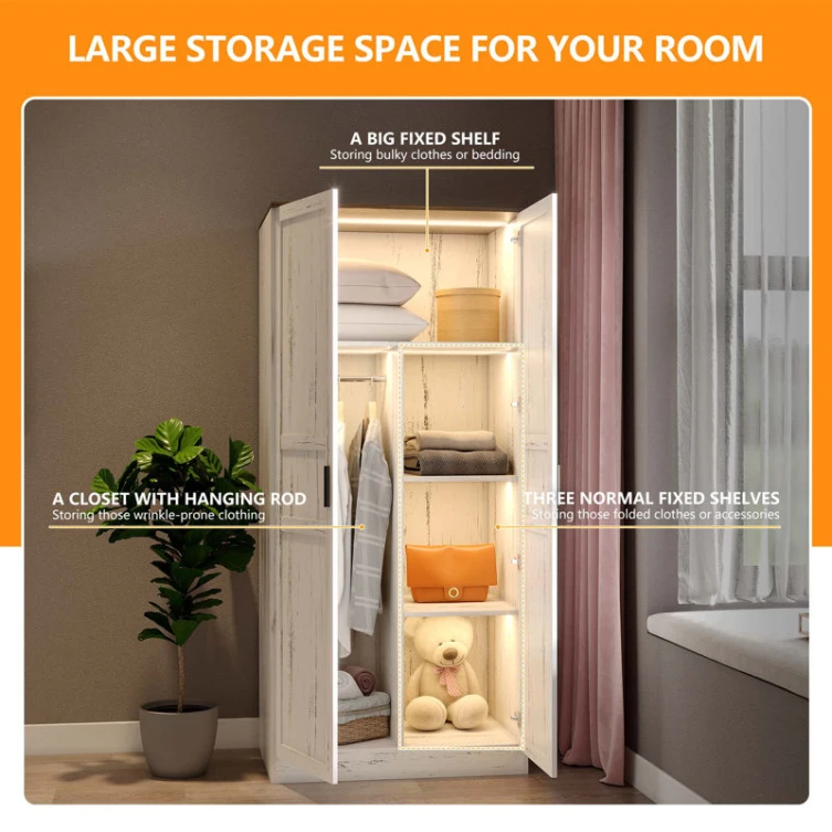 24 Years Factory Direct European Style Antique White Farmhouse LED Wardrobe Closet with Two Doors