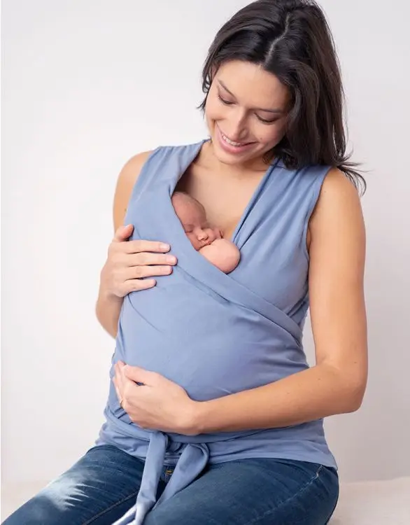 2022 New Arrival Women Wholesale Maternity Clothes Sleeveless Tops Cotton Blue Skin to Skin Baby Wrapped Nursing Blouse