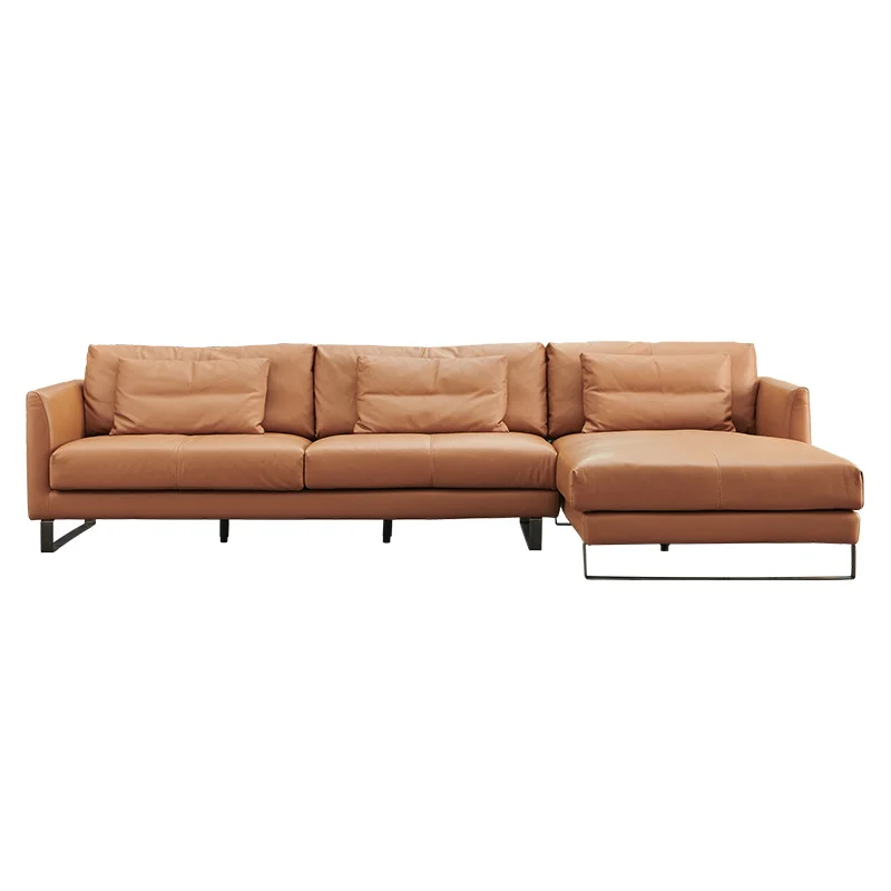 Hot selling Italian style leisure sofa Herme orange genuine leather solid wood frame sofa set with chaise longue