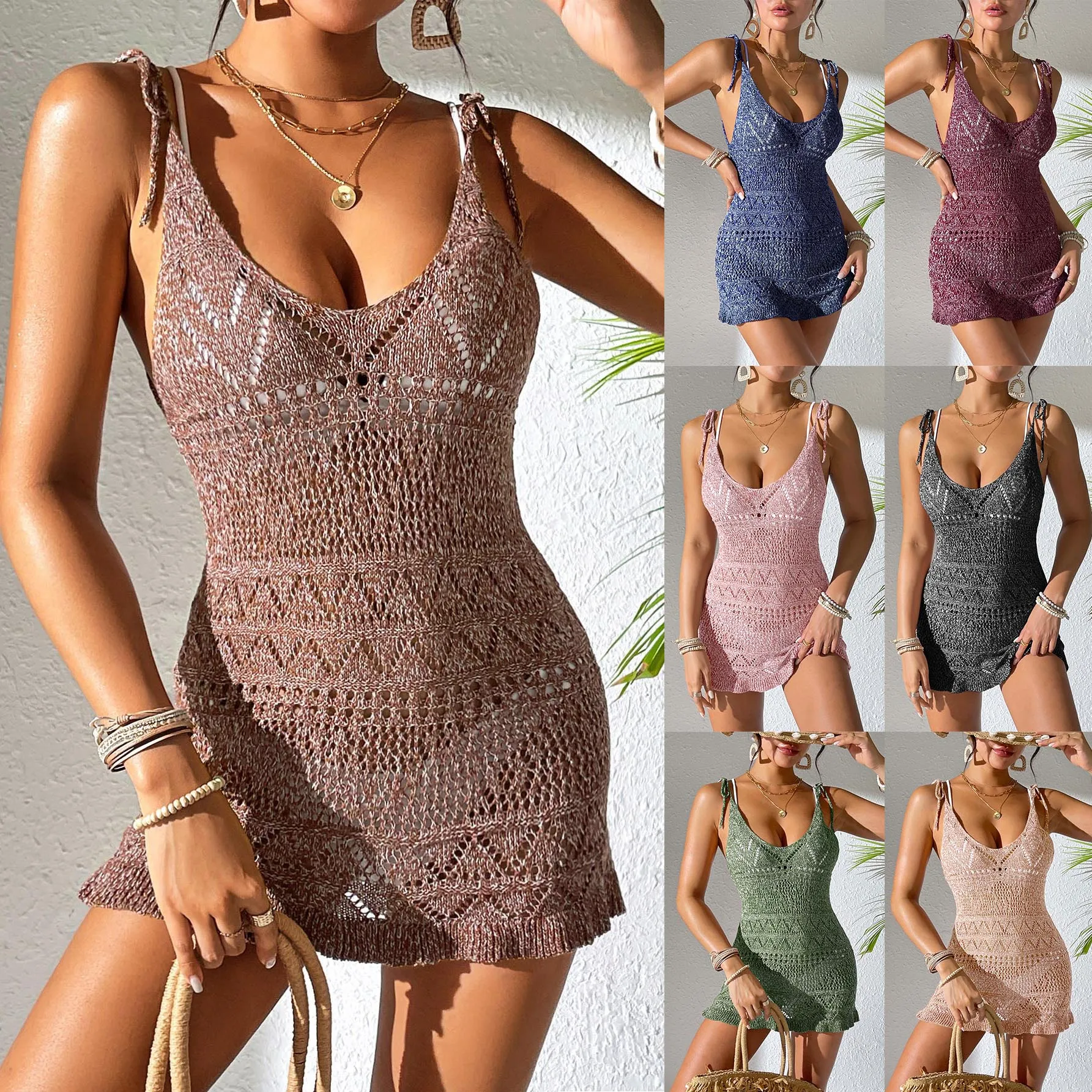 Stocks Manufacturer OEM Vacation deep v Halter Sexy Women Summer Swimwear Beachwear knitted beach dresses cover ups for women