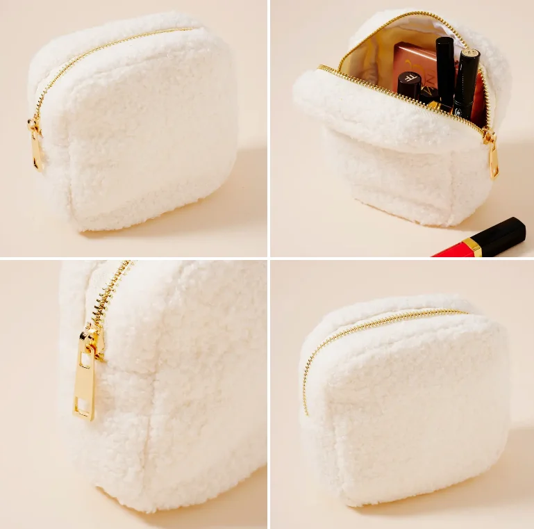 Fluffy Teddy Cute White Black Makeup Pouch Soft Fuzzy Pouches Portable Travel Zipper Plush Winter Sherpa Make up Cosmetic Bags
