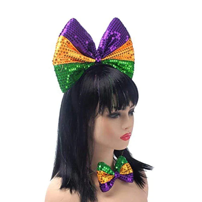 Women Mardi Gras Festival Costumes Headwear Glitter Sequin  Bowknot Headband And  Bow Tie Accessories Parade Party Celebration