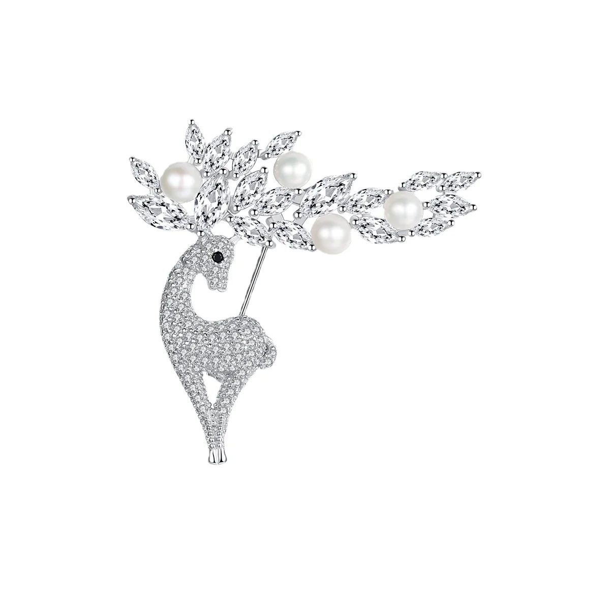 Custom High-End Luxury 925 Sterling Silver Freshwater Pearl Brooch with Animals Jewelry Featuring Sika Deer for Women and Men