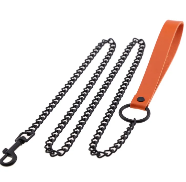 High Quality All Black Metal Leather Chain Dog Leash