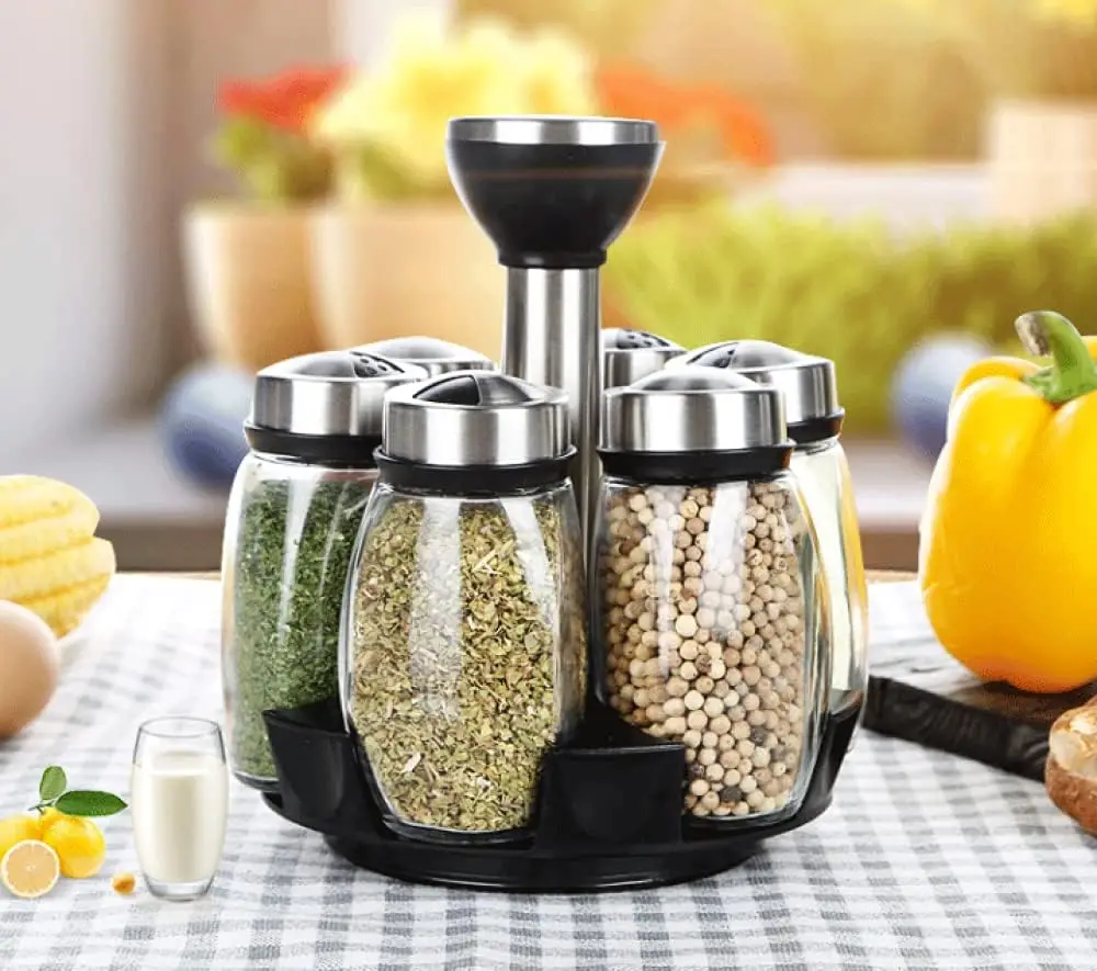 Rotating Revolving Spinning Seasoning Spice Storage Rack Organizer Countertop with 6 Glass Jar Bottles